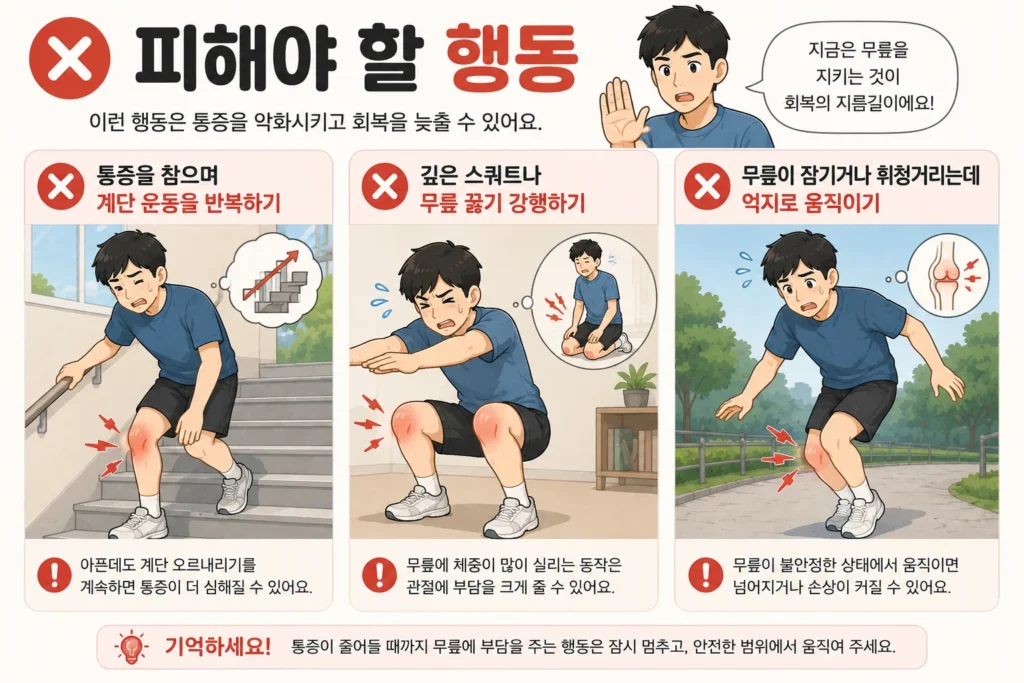 무릎 앞쪽이 아플 때 계단 운동 반복, 깊은 스쿼트와 무릎 꿇기, 잠기거나 휘청거리는 무릎을 억지로 움직이는 행동을 피해야 한다고 설명하는 대표 남자 캐릭터 이미지