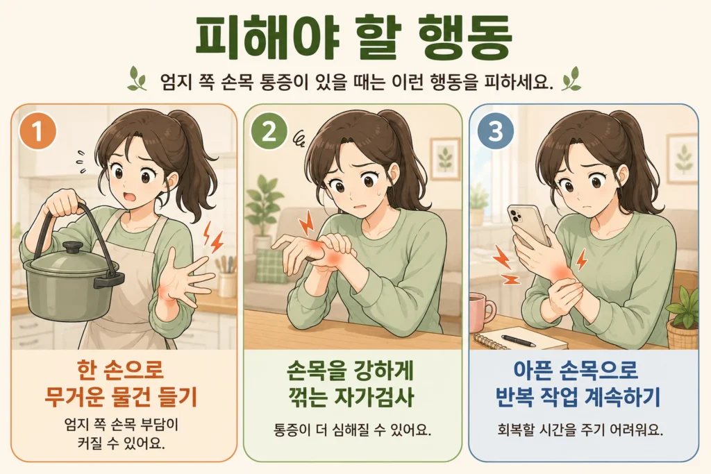 엄지 쪽 손목 통증이 있을 때 한 손으로 무거운 물건 들기, 손목을 강하게 꺾는 자가검사, 아픈 손목으로 휴대전화 등 반복 작업을 계속하는 행동을 피해야 한다고 설명하는 대표 여자 캐릭터 3컷 이미지