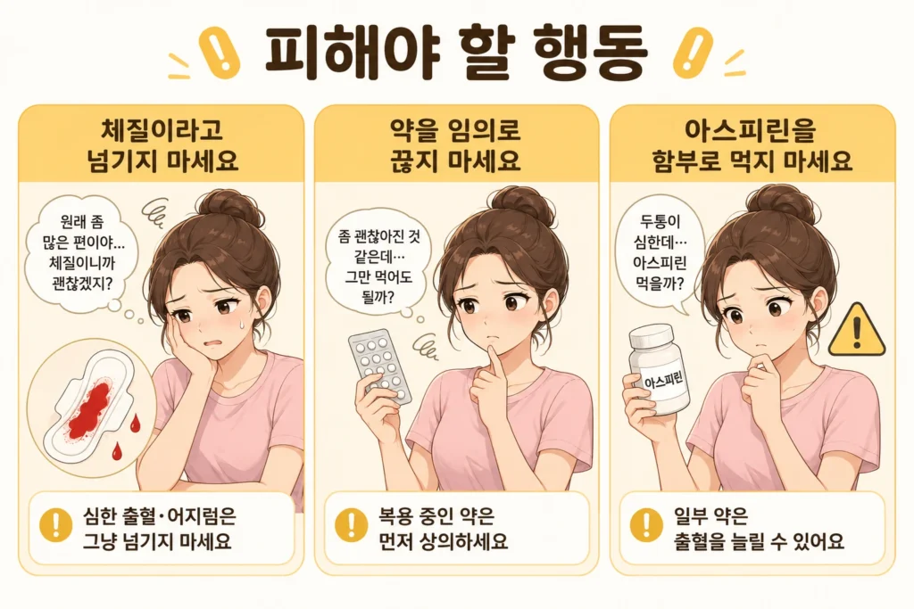 생리 양이 갑자기 많아졌을 때 심한 출혈과 어지럼증을 체질이라며 넘기지 않기, 복용약을 임의로 중단하지 않기, 아스피린을 함부로 복용하지 않기를 BodyHint 대표 여성 캐릭터의 3컷으로 보여주는 이미지