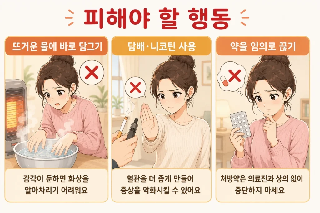 손발이 자꾸 차가울 때 뜨거운 물이나 난로에 바로 대기, 담배·니코틴 제품 사용, 처방약을 임의로 중단하는 행동을 피해야 한다는 내용을 BodyHint 대표 여성 캐릭터의 3컷으로 보여주는 이미지