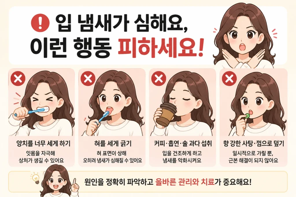 입 냄새가 심할 때 이를 너무 세게 닦기, 혀를 강하게 긁기, 커피·흡연·음주를 과하게 하기, 향이 강한 사탕과 껌으로 냄새를 가리는 행동을 피해야 한다는 내용을 BodyHint 대표 여성 캐릭터로 보여주는 이미지