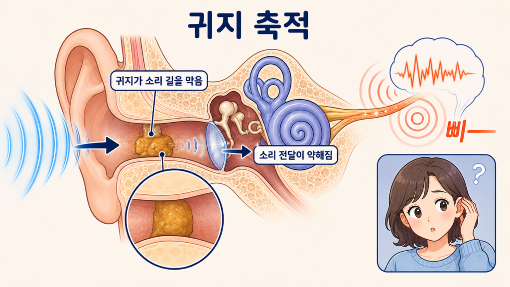 귀지가 쌓여 소리 전달이 막혀 귀에서 삐 소리가 들리는 원리를 설명하는 귀 단면 일러스트
