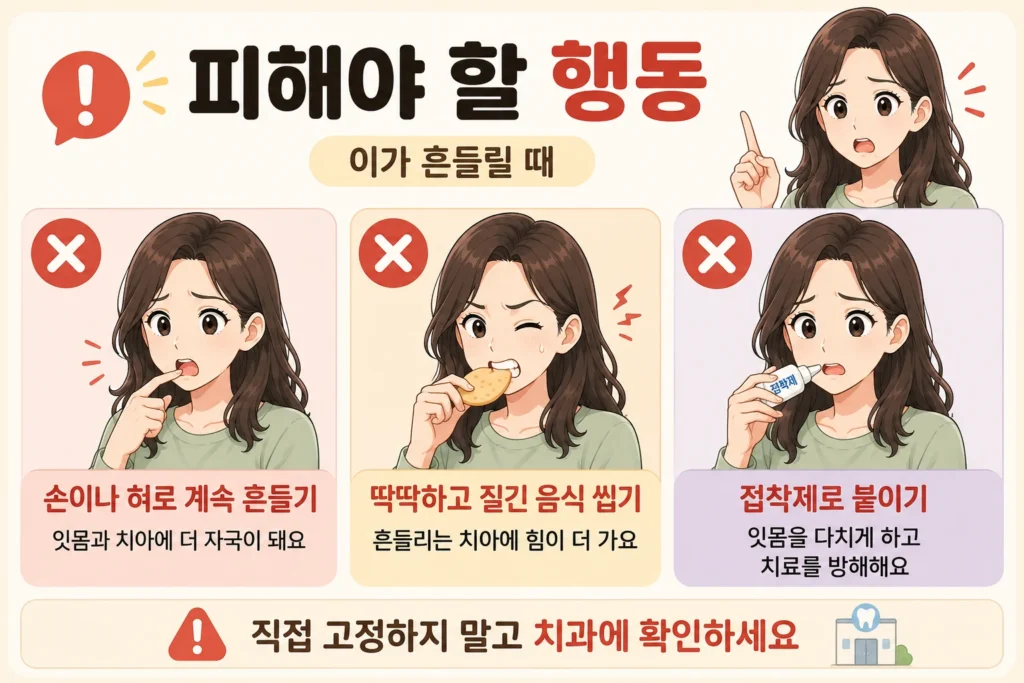 이가 흔들릴 때 손이나 혀로 계속 흔들기, 딱딱하고 질긴 음식을 씹기, 접착제로 직접 고정하는 행동을 피해야 한다는 내용을 BodyHint 대표 여성 캐릭터의 3컷으로 보여주는 이미지