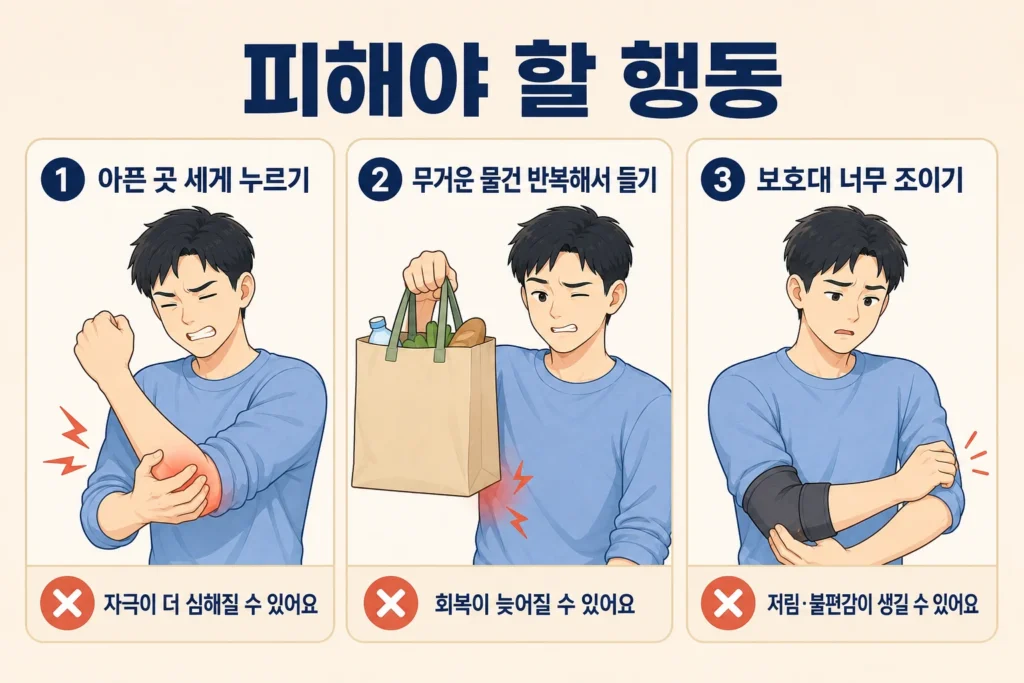팔꿈치 바깥쪽이 아플 때 통증 부위를 세게 누르기, 무거운 물건을 반복해서 들기, 보호대를 지나치게 조이는 행동을 피해야 한다는 내용을 BodyHint 대표 남성 캐릭터의 3컷으로 보여주는 이미지