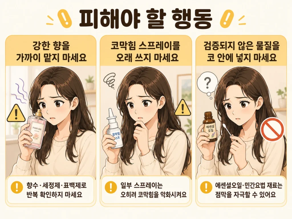 후각 저하가 있을 때 강한 향을 가까이 맡기, 코막힘 스프레이를 오래 사용하기, 검증되지 않은 물질을 코 안에 넣는 행동을 피하도록 대표 여성 캐릭터로 설명한 3컷 이미지