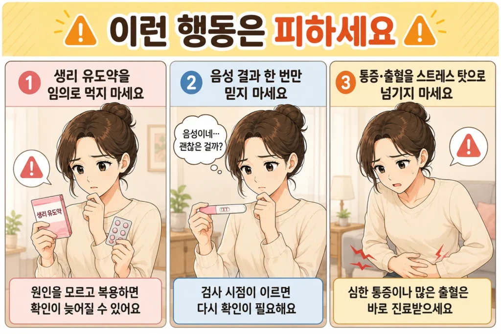 생리가 늦어졌을 때 생리 유도약을 임의로 복용하지 않고, 임신 테스트 음성 결과 한 번만 믿지 않으며, 심한 통증과 출혈을 스트레스 탓으로 넘기지 말아야 한다고 안내하는 대표 여성 캐릭터 3컷 이미지