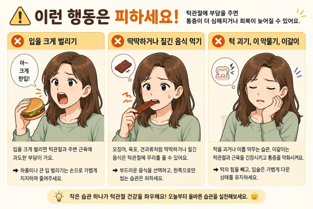 턱관절 통증이 있을 때 입을 크게 벌리기, 질기고 단단한 음식 오래 씹기, 턱을 괴거나 이를 악물고 이갈이하는 행동을 피하도록 대표 여성 캐릭터로 설명한 3컷 이미지