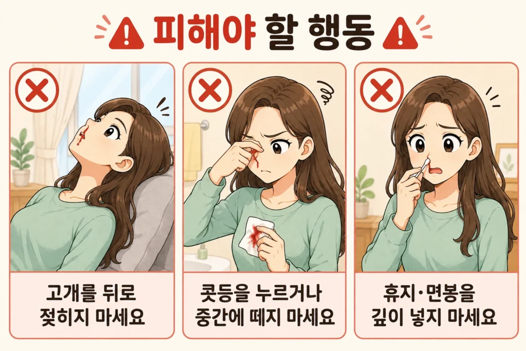 코피가 날 때 고개를 뒤로 젖히거나, 단단한 콧등을 누르며 중간에 손을 떼거나, 휴지와 면봉을 코 안에 깊이 넣는 행동을 피하라고 대표 여성 캐릭터로 설명한 3컷 이미지