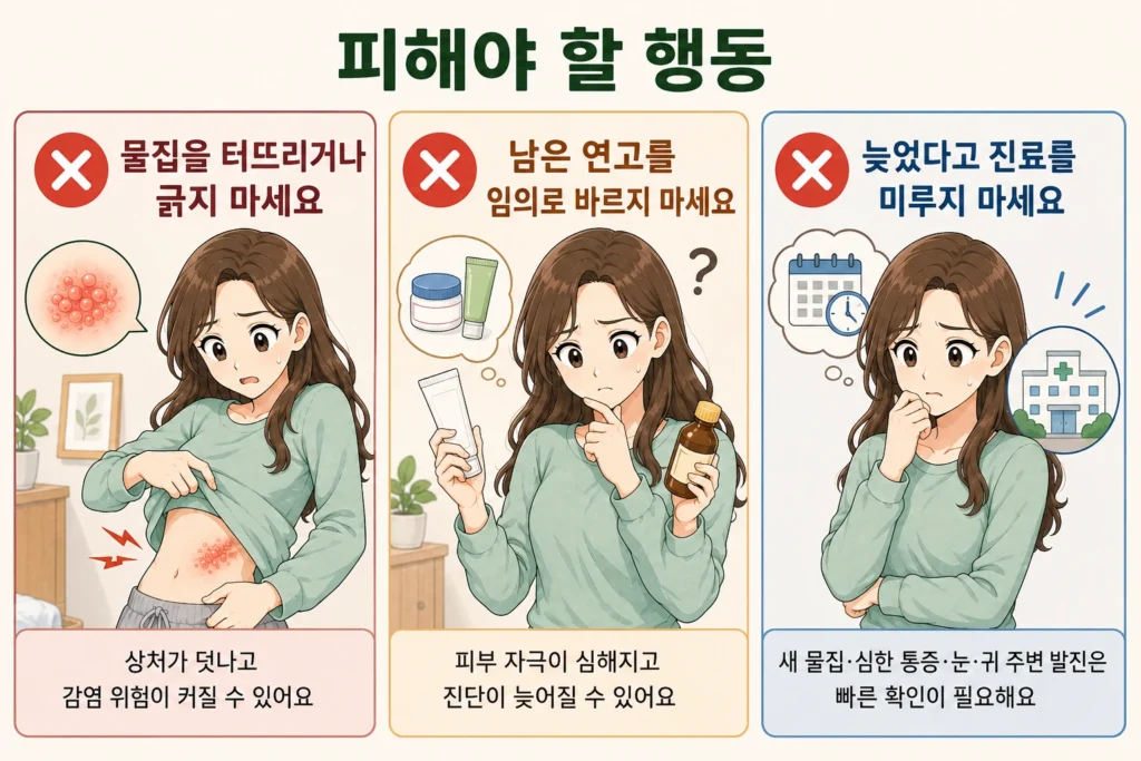 대상포진이나 피부염이 의심될 때 물집을 터뜨리거나 긁는 행동, 남은 연고를 임의로 바르는 행동, 새 물집·심한 통증·눈·귀 주변 발진이 있는데도 진료를 미루는 행동을 피하라고 대표 여성 캐릭터로 설명한 3컷 이미지