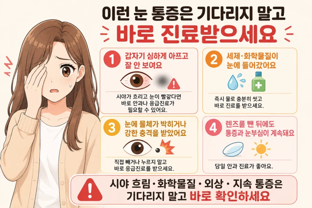 갑자기 심한 눈 통증과 시야 흐림, 화학물질 노출, 눈 외상, 렌즈 제거 후 지속되는 통증처럼 바로 진료가 필요한 상황을 정리한 인포그래픽