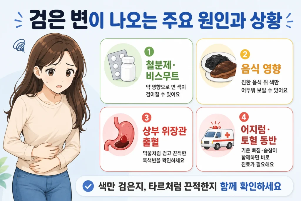 검은 변이 나오는 주요 원인으로 철분제·비스무트, 음식 영향, 상부 위장관 출혈, 어지럼·토혈이 동반되는 상황을 정리한 인포그래픽