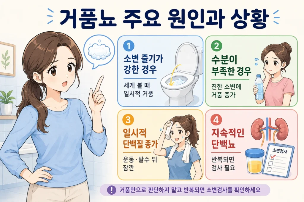 소변 거품의 주요 원인으로 강한 소변 줄기, 수분 부족, 운동·탈수 뒤 일시적 단백질 증가, 지속적인 단백뇨를 정리한 인포그래픽