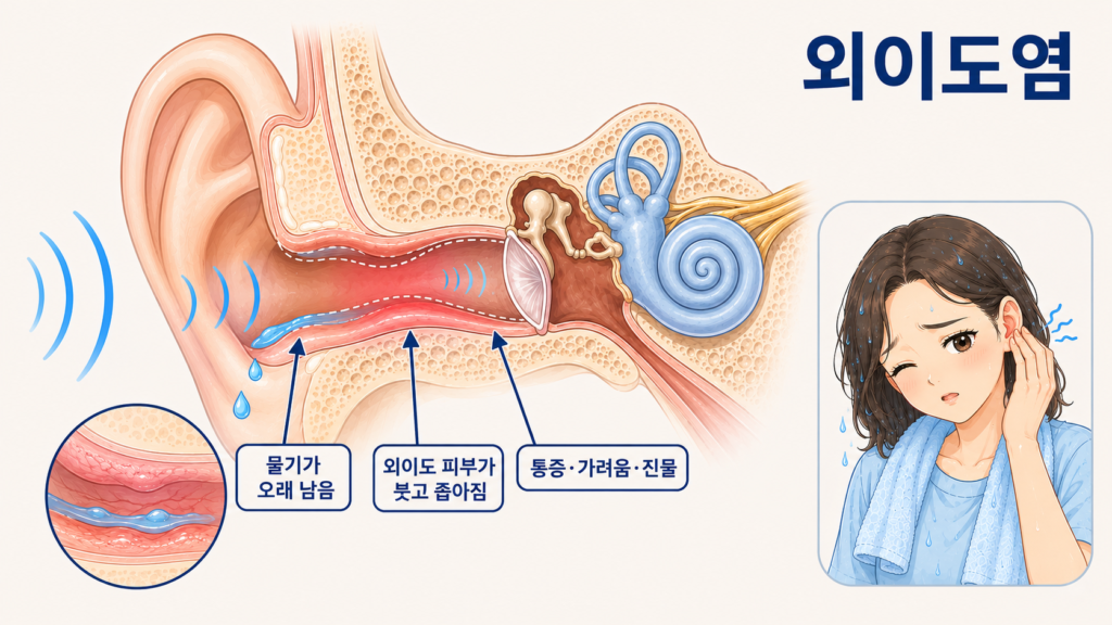 외이도에 물기가 오래 남아 피부가 붓고 귀 통로가 좁아지면서 통증·가려움·진물이 나타나는 과정을 나타내는 일러스트