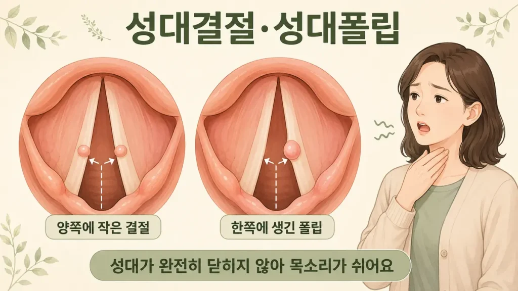 양쪽 성대결절과 한쪽 성대폴립으로 목소리가 쉬는 원리를 비교한 이미지