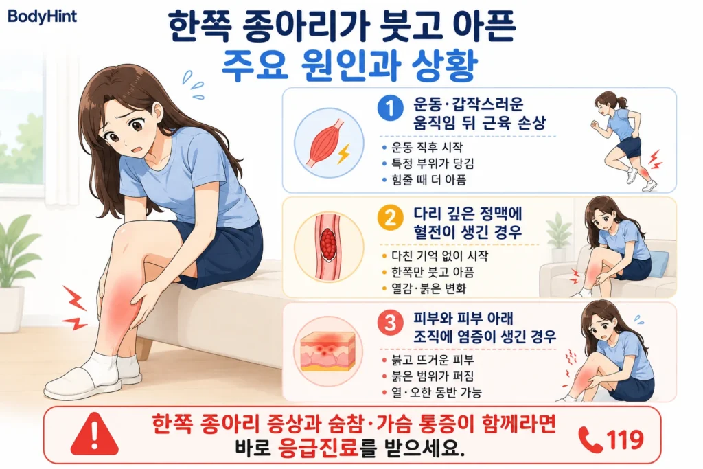 한쪽 종아리가 붓고 아픈 주요 원인으로 운동 후 근육 손상, 심부정맥혈전증, 피부 감염을 대표캐릭터와 함께 정리한 인포그래픽