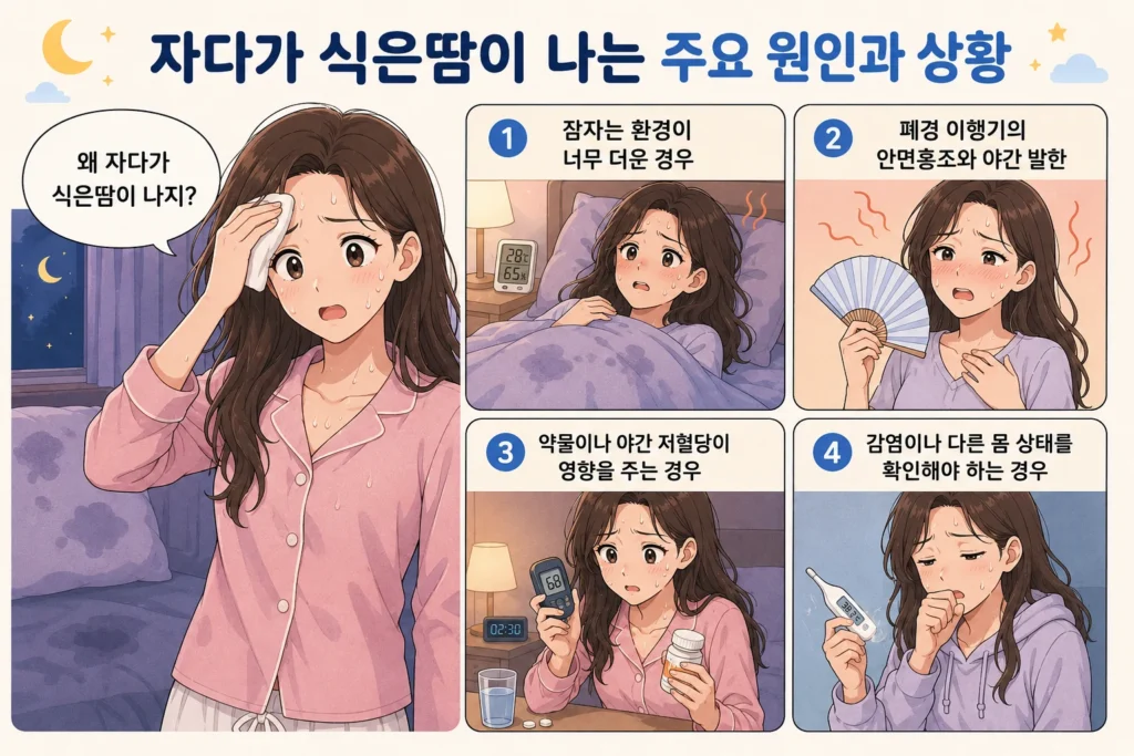 자다가 식은땀이 나는 주요 원인으로 더운 수면 환경, 폐경 이행기의 야간 발한, 약물·야간 저혈당, 감염이나 다른 몸 상태를 대표캐릭터와 함께 정리한 인포그래픽