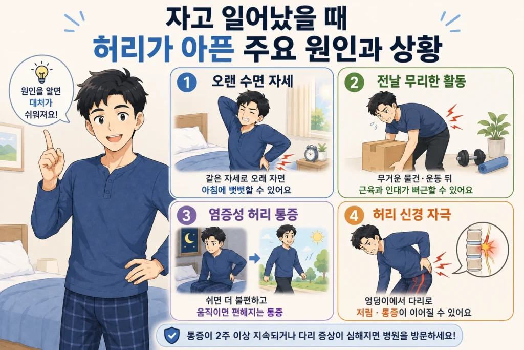자고 일어났을 때 허리가 아픈 주요 원인으로 오랜 수면 자세, 전날 무리한 활동, 염증성 허리 통증, 허리 신경 자극을 대표캐릭터와 함께 정리한 인포그래픽