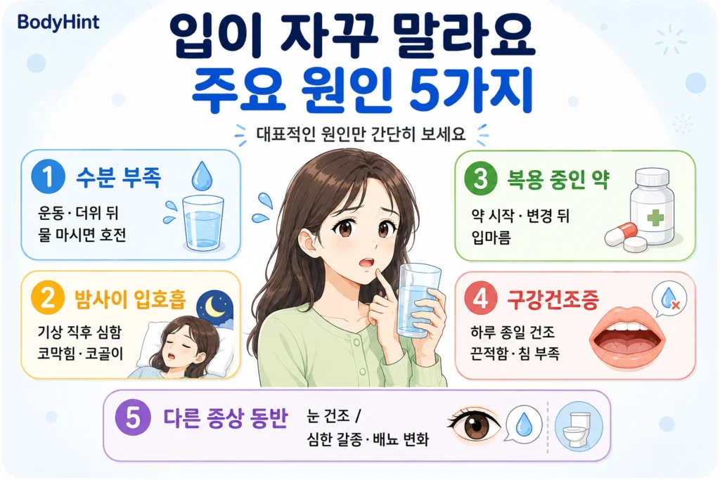 입이 자꾸 마를 때 주요 원인 5가지를 대표캐릭터와 함께 보여주는 인포그래픽