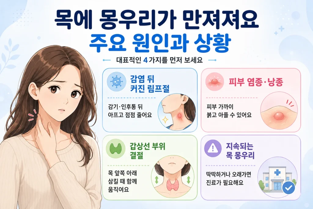 목에 몽우리가 만져질 때 감염 뒤 커진 림프절, 피부 염증·낭종, 갑상선 부위 결절, 지속성 목 몽우리를 대표캐릭터와 함께 보여주는 인포그래픽