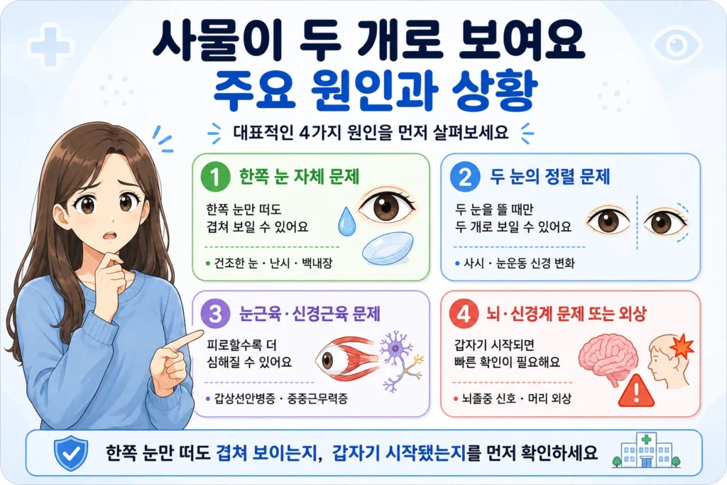 사물이 두 개로 보일 때 한쪽 눈 자체 문제, 두 눈의 정렬 문제, 눈근육·신경근육 문제, 뇌·신경계 문제 또는 외상 등 주요 원인과 상황을 대표캐릭터와 함께 보여주는 인포그래픽