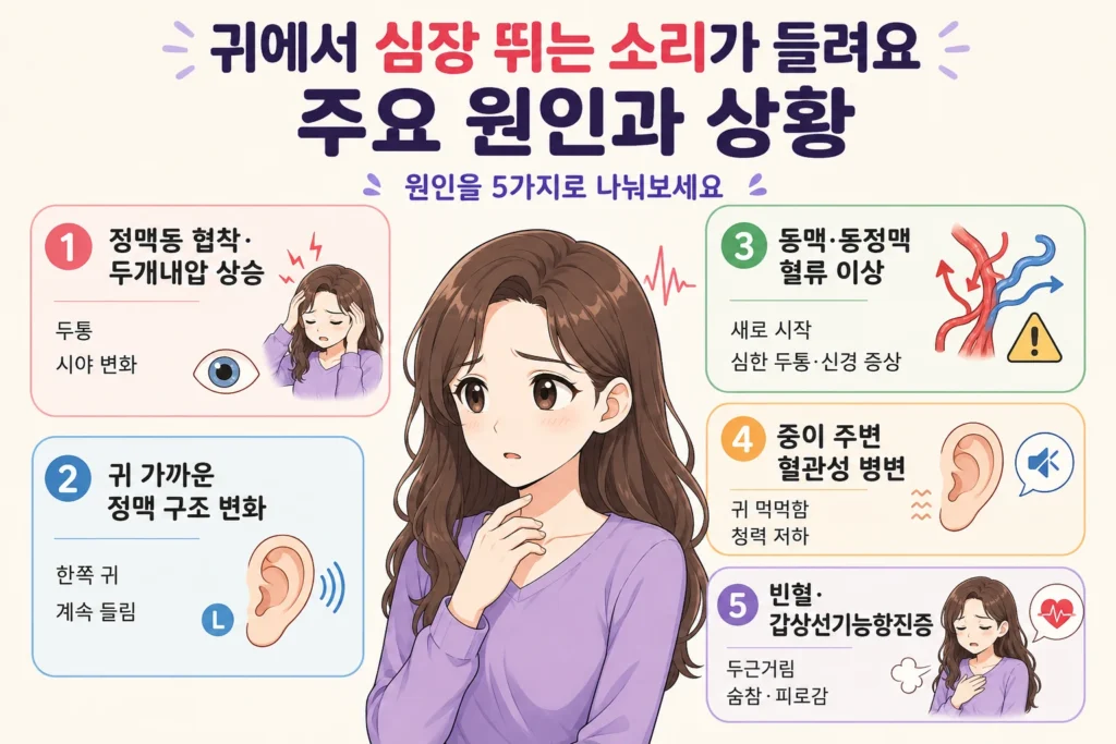 귀에서 심장 뛰는 소리가 들릴 때 주요 원인과 상황 5가지를 정리한 인포그래픽으로, 중앙의 긴 갈색 머리 여성 대표캐릭터와 함께 정맥동 협착·두개내압 상승, 귀 가까운 정맥 구조 변화, 동맥·동정맥 혈류 이상, 중이 주변 혈관성 병변, 빈혈·갑상선기능항진증의 특징을 간단히 보여주는 이미지