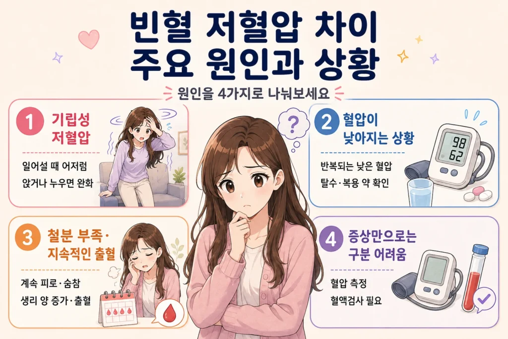 빈혈과 저혈압 차이의 주요 원인과 상황을 긴 갈색 머리 여성 대표캐릭터와 함께 기립성 저혈압, 혈압이 낮아지는 상황, 철분 부족·지속적인 출혈, 증상만으로 구분하기 어려운 경우로 나눠 보여주는 인포그래픽