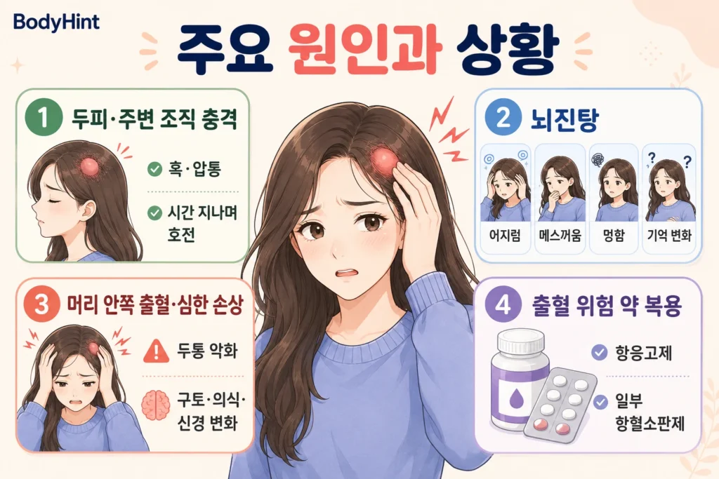 머리를 부딪힌 뒤 두통이 생기는 주요 원인과 상황을 긴 갈색 머리 여성 대표캐릭터와 함께 두피·주변 조직 충격, 뇌진탕, 머리 안쪽 출혈·심한 손상, 출혈 위험 약 복용으로 나눠 보여주는 인포그래픽