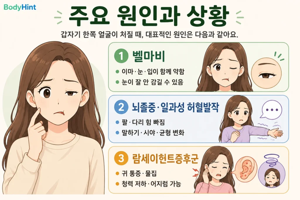 한쪽 얼굴이 갑자기 처지는 주요 원인과 상황을 긴 갈색 머리 여성 대표캐릭터와 함께 벨마비, 뇌졸중·일과성 허혈발작, 람세이헌트증후군으로 나눠 간단히 보여주는 인포그래픽