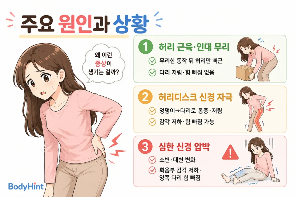 허리디스크와 근육통 차이의 주요 원인과 상황을 대표캐릭터와 함께 허리 근육·인대 무리, 허리디스크로 인한 신경 자극, 심한 신경 압박으로 나눠 간단히 보여주는 인포그래픽