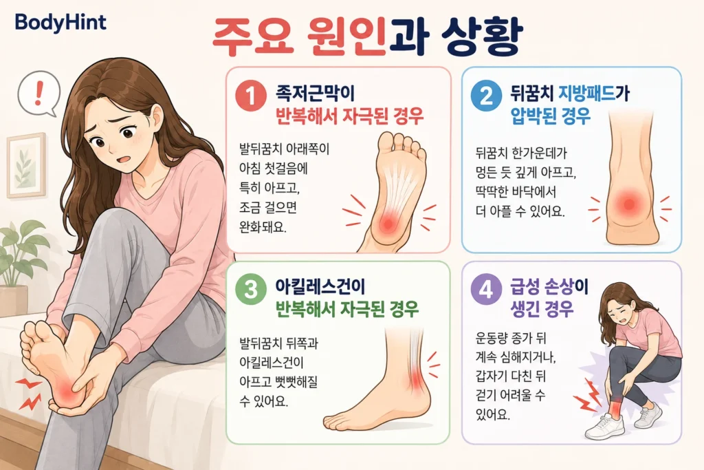 아침 첫발에 발바닥이 아픈 주요 원인과 상황을 긴 갈색 머리 여성 대표캐릭터와 함께 족저근막 자극, 뒤꿈치 지방패드 압박, 아킬레스건 자극, 운동량 증가나 갑작스러운 손상으로 나눠 간단히 보여주는 인포그래픽