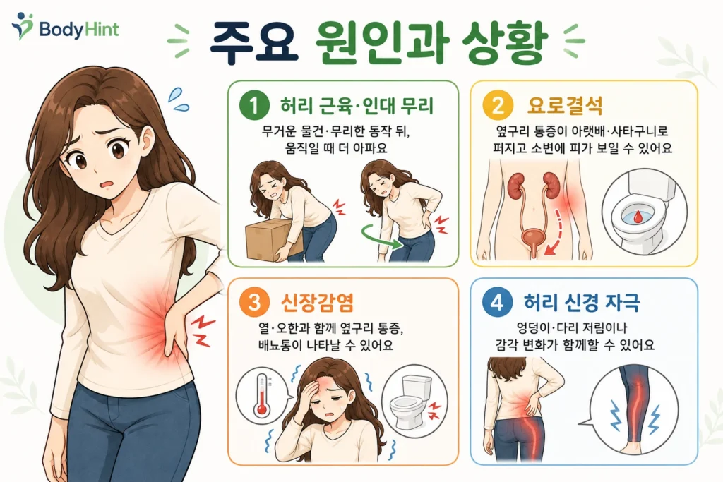 허리 한쪽이 아픈 주요 원인과 상황을 긴 갈색 머리 여성 대표캐릭터와 함께 허리 근육·인대 무리, 요로결석, 신장감염, 허리 신경 자극으로 나눠 간단하고 보기 쉽게 보여주는 인포그래픽