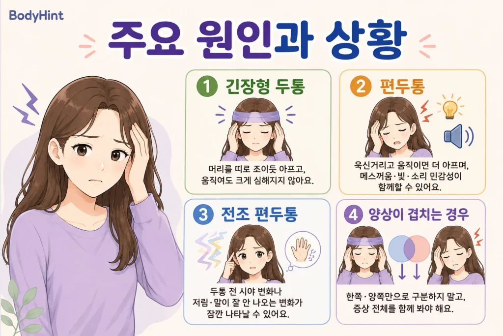 긴장형 두통, 편두통, 전조를 동반한 편두통, 두통 양상이 서로 겹쳐 보이는 경우를 긴 갈색 머리 여성 대표캐릭터와 함께 간단하고 보기 쉽게 보여주는 주요 원인과 상황 이미지