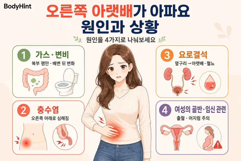 오른쪽 아랫배 통증의 주요 원인으로 가스·변비, 충수염, 요로결석, 여성의 골반·임신 관련 원인을 대표 여성 캐릭터와 함께 간단히 보여주는 BodyHint 인포그래픽