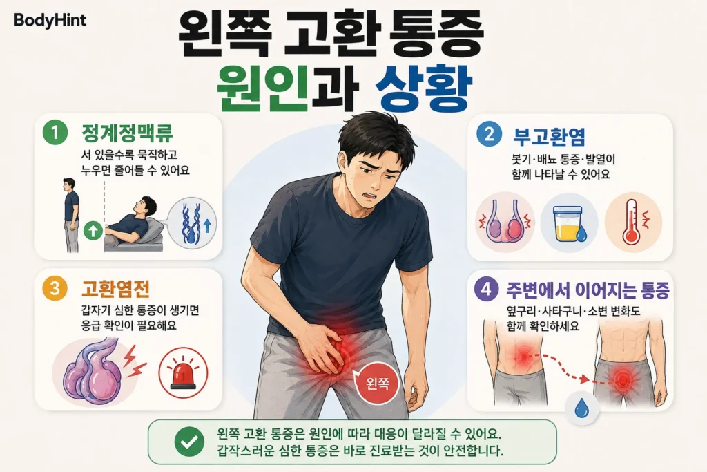 왼쪽 고환 통증의 주요 원인으로 정계정맥류, 부고환염, 고환염전, 옆구리·사타구니·요로 등 주변에서 이어지는 통증을 대표 남성 캐릭터와 함께 간단히 보여주는 BodyHint 인포그래픽
