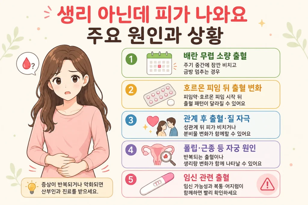 생리 아닌데 피가 나오는 주요 원인으로 배란 무렵 소량 출혈, 호르몬 피임 후 출혈 변화, 관계 후 출혈·질 자극, 폴립·근종 등 자궁 원인, 임신 관련 출혈을 대표 여성 캐릭터와 함께 보여주는 BodyHint 인포그래픽