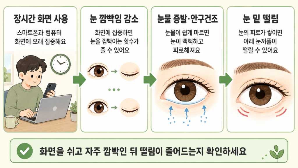 장시간 화면 사용으로 눈 깜빡임이 줄고 안구가 건조해져 눈 밑 떨림이 나타나는 과정을 설명한 일러스트