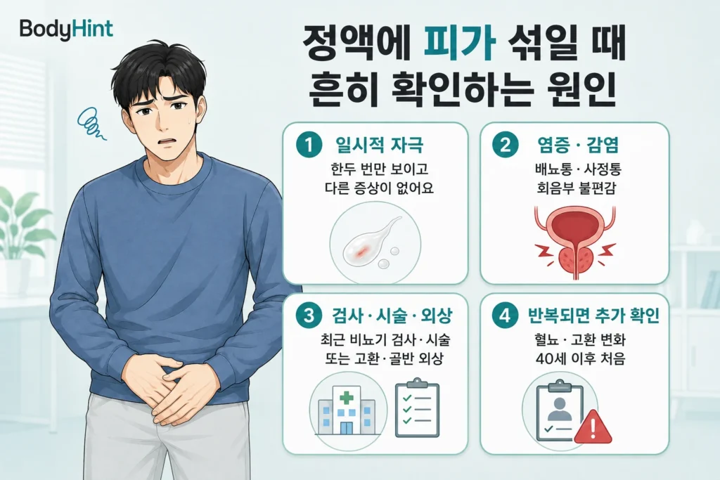 정액에 피가 섞일 때 흔히 확인하는 원인으로 일시적 자극, 전립선·요도·정낭 주변의 염증·감염, 최근 검사·시술·외상, 반복될 때 추가 확인이 필요한 비뇨기 원인을 대표 남성 캐릭터와 함께 보여주는 BodyHint 인포그래픽
