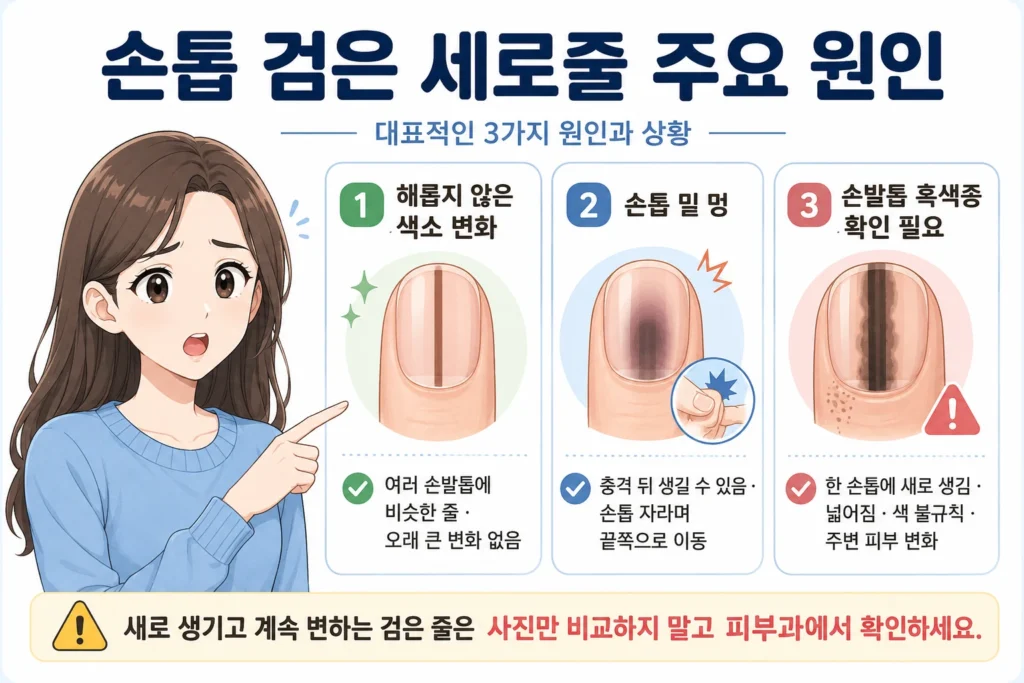 손톱 검은 세로줄의 주요 원인으로 해롭지 않은 색소 변화, 손톱 밑 멍, 손발톱 흑색종을 대표 여성 캐릭터와 함께 간단히 보여주는 BodyHint 인포그래픽
