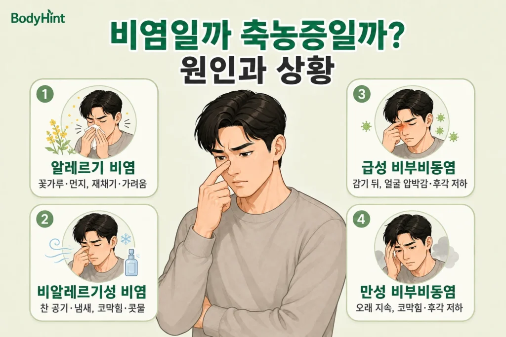 비염과 축농증의 원인과 상황을 알레르기 비염, 비알레르기성 비염, 급성 비부비동염, 만성 비부비동염으로 나누어 남성 대표캐릭터와 함께 정리한 이미지
