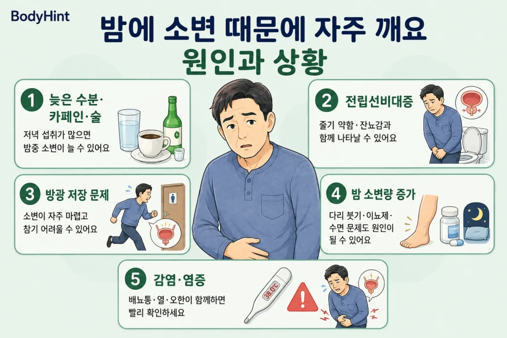 밤에 소변 때문에 자주 깨는 원인을 늦은 수분·카페인·술 섭취, 전립선비대증, 방광 저장 문제, 밤 소변량 증가, 감염·염증으로 나누어 중년 남성 대표캐릭터와 함께 정리한 이미지