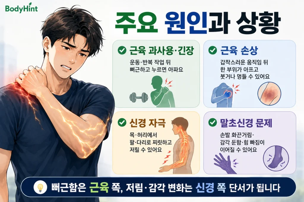 근육통과 신경통의 주요 원인을 근육 과사용·긴장, 근육 손상, 목·허리 주변 신경 자극, 말초신경 문제로 나누어 남성 대표캐릭터와 함께 정리한 이미지