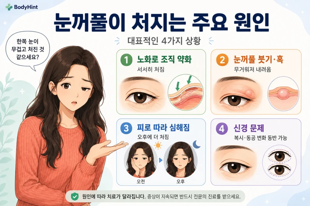 눈꺼풀이 처지는 주요 원인을 노화로 인한 조직 약화, 눈꺼풀 붓기·혹, 피로에 따라 심해지는 근육 문제, 복시·동공 변화가 동반될 수 있는 신경 문제로 나누어 여성 대표캐릭터와 함께 정리한 이미지