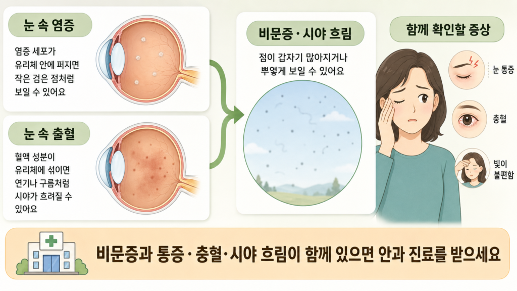 눈 속 염증 세포나 출혈이 유리체에 퍼져 검은 점과 흐린 시야가 나타나는 과정을 설명한 일러스트