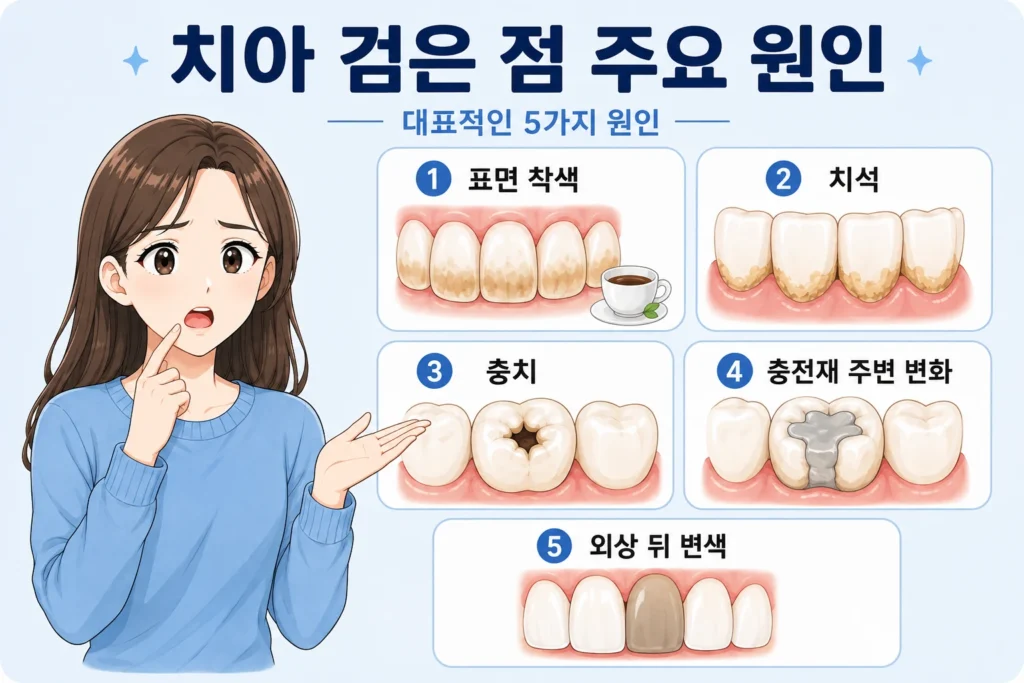 치아 검은 점의 주요 원인으로 표면 착색, 치석, 충치, 충전재 주변 변화, 외상 뒤 치아 변색을 대표 여성 캐릭터와 함께 간단히 보여주는 BodyHint 인포그래픽