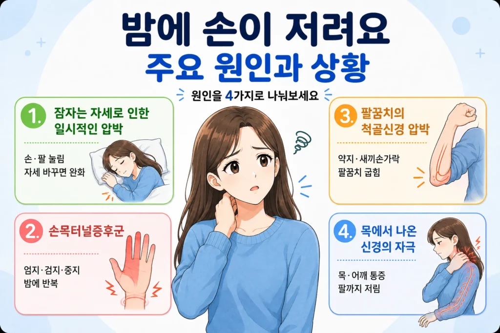 밤에 손이 저릴 때 주요 원인 4가지를 대표캐릭터와 함께 보여주는 인포그래픽