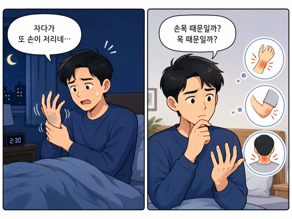 밤중에 손 저림으로 잠에서 깬 사람이 손을 털어본 뒤 손목·팔꿈치·목 중 어느 부위가 원인인지 고민하는 2컷 만화