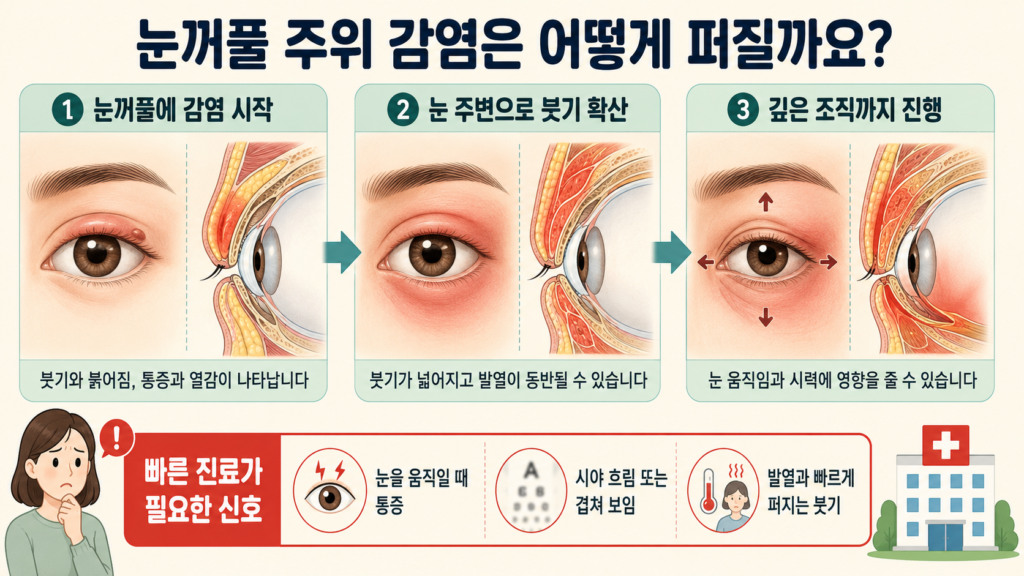 눈꺼풀에서 시작된 세균 감염이 눈 주변 조직으로 퍼져 심한 붓기와 붉어짐, 눈 움직임 통증을 일으키는 과정을 설명한 일러스트