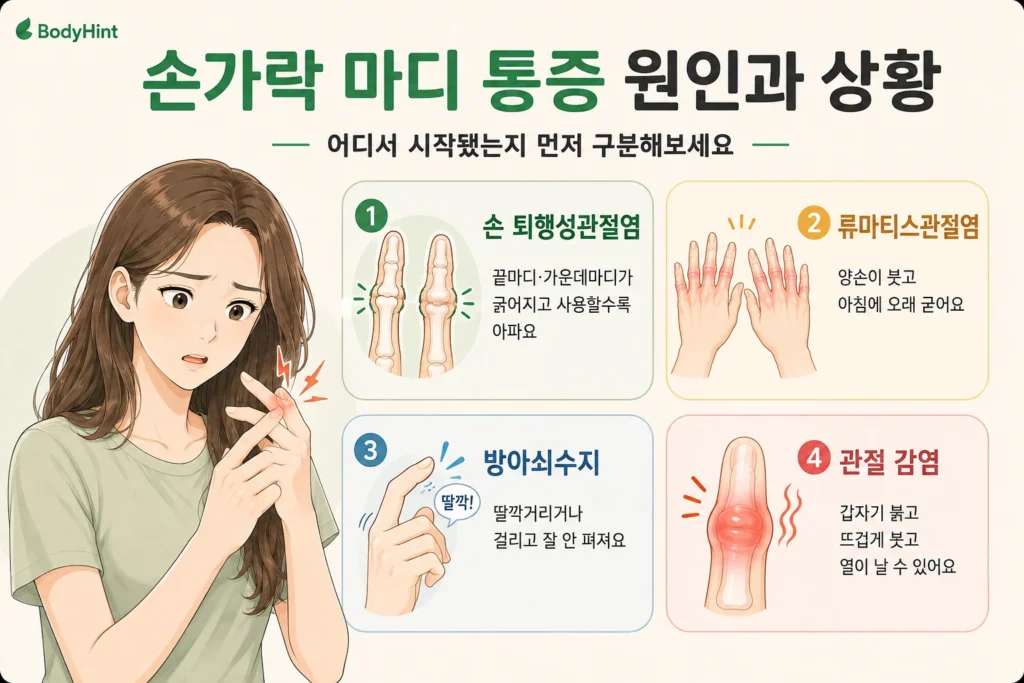 손가락 마디 통증의 원인과 상황으로 손 퇴행성관절염, 류마티스관절염, 방아쇠수지, 관절 감염을 대표 여성 캐릭터와 함께 간단하게 보여주는 BodyHint 인포그래픽