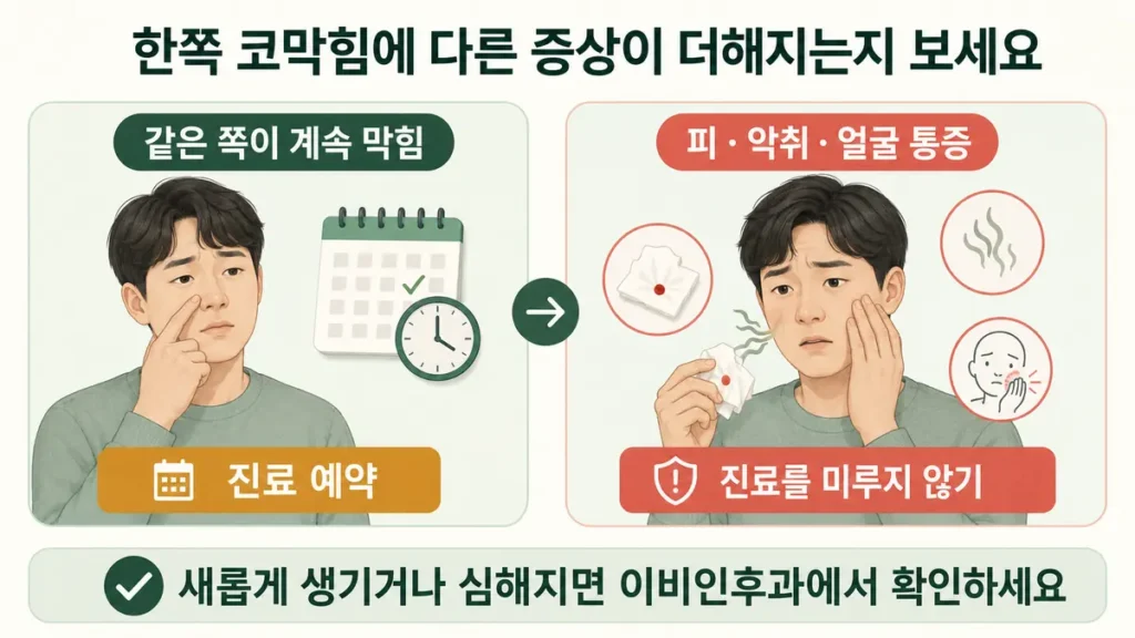 좌우가 바뀌는 코막힘은 진료를 예약하고, 같은 쪽의 출혈·악취·통증은 진료를 미루지 말라는 경고 표시하는 일러스트