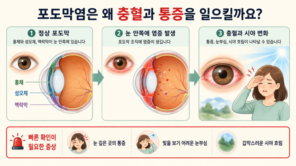 눈 안쪽 포도막에 염증이 생겨 충혈과 통증, 눈부심, 시야 흐림이 나타나는 과정을 설명한 일러스트